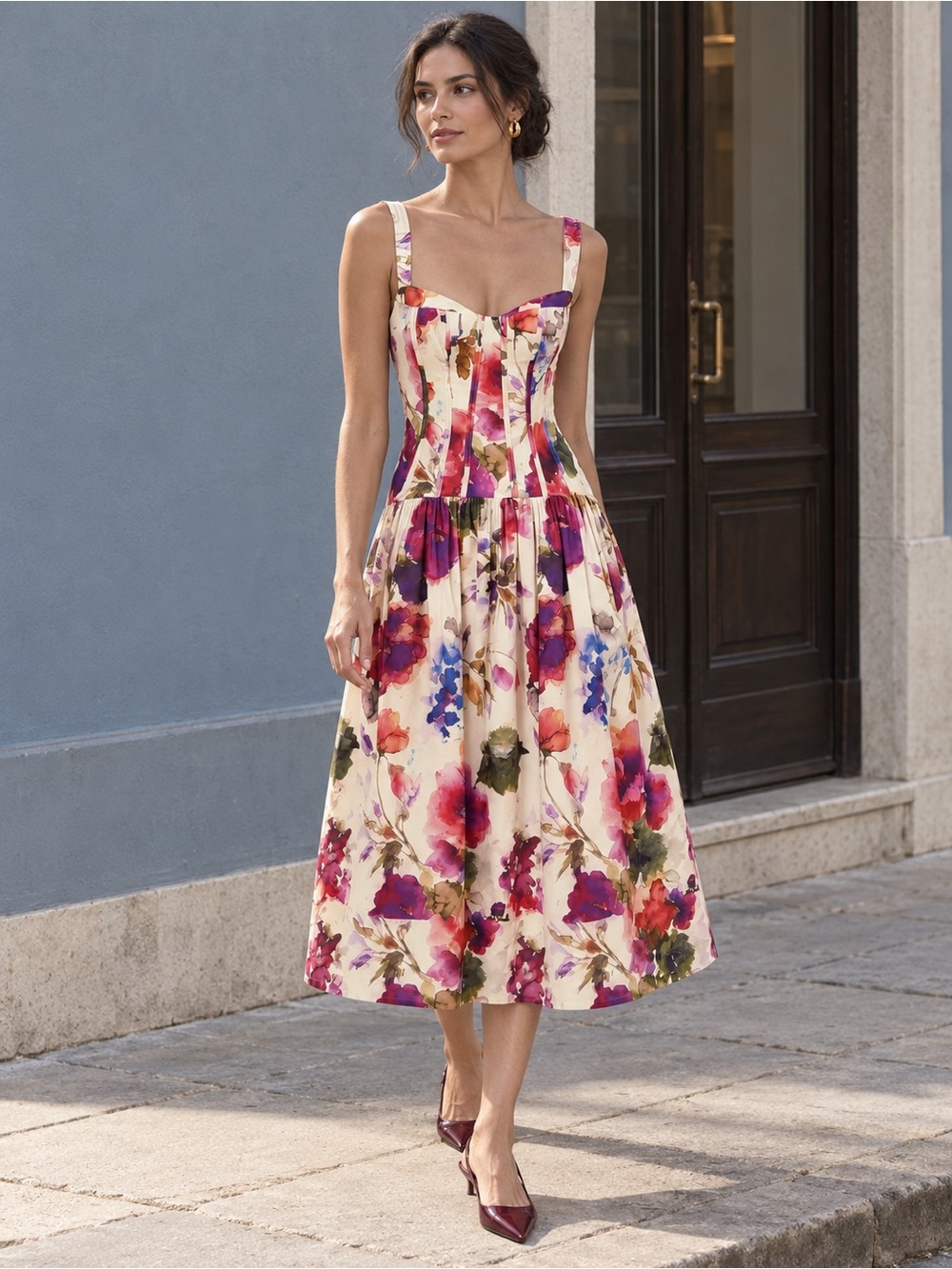 NICHOLAS Cream Midi Dress with Pink, Purple & Red Floral Print
